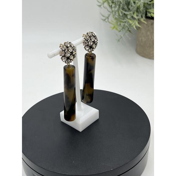 Tortoise Color Acetate Cylinder Earring, Crystal Round Modern Clip On Jewelry - Picture 10 of 13